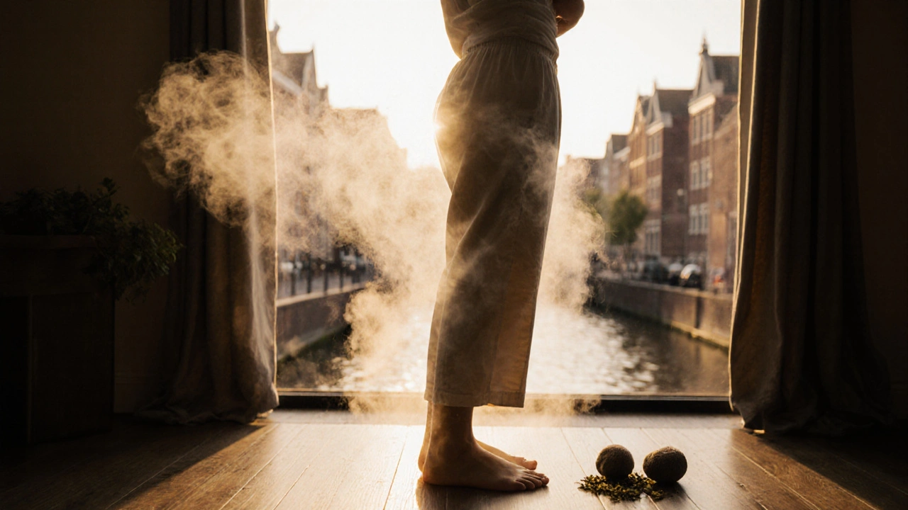 Person dissolving into light after Thai massage, symbolizing release and renewal, standing barefoot in soft golden light.