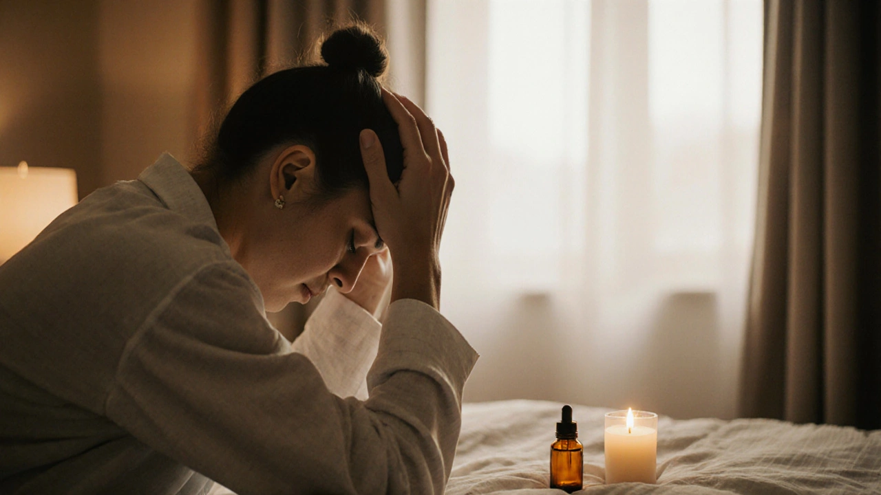 Person doing self-head massage at home with fingertips, warm lighting, relaxed posture.