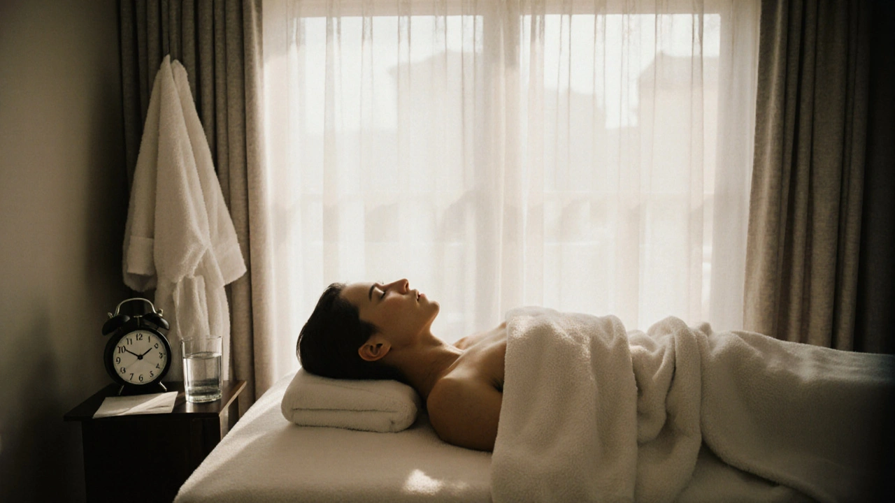 Person lying peacefully on a massage table, eyes closed, covered with a towel, sunlight streaming through curtains.