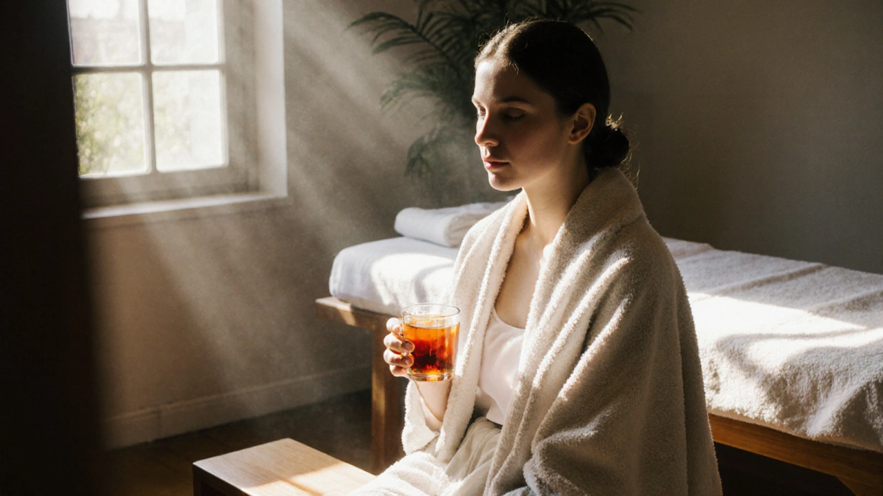 Person sitting quietly after massage, holding tea, looking peaceful in a calm spa room.