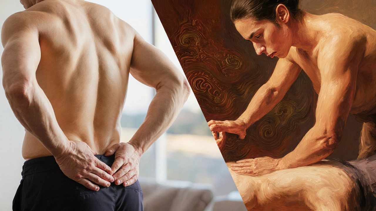 Side-by-side artistic comparison: hand massage versus full-body therapeutic pressure, showing deeper, fluid motion in one half.