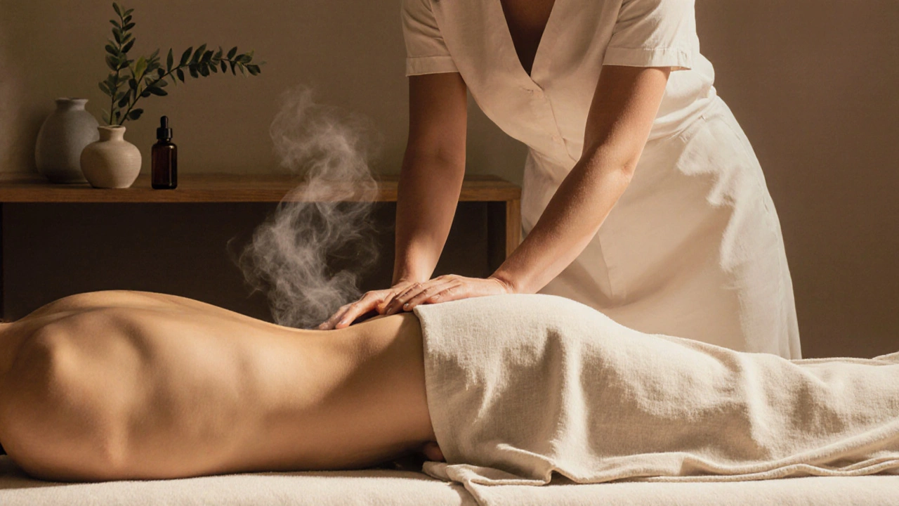 Side view of a body-to-body massage with therapist's hip applying soft pressure to the client's glutes, both covered by linen drapes.