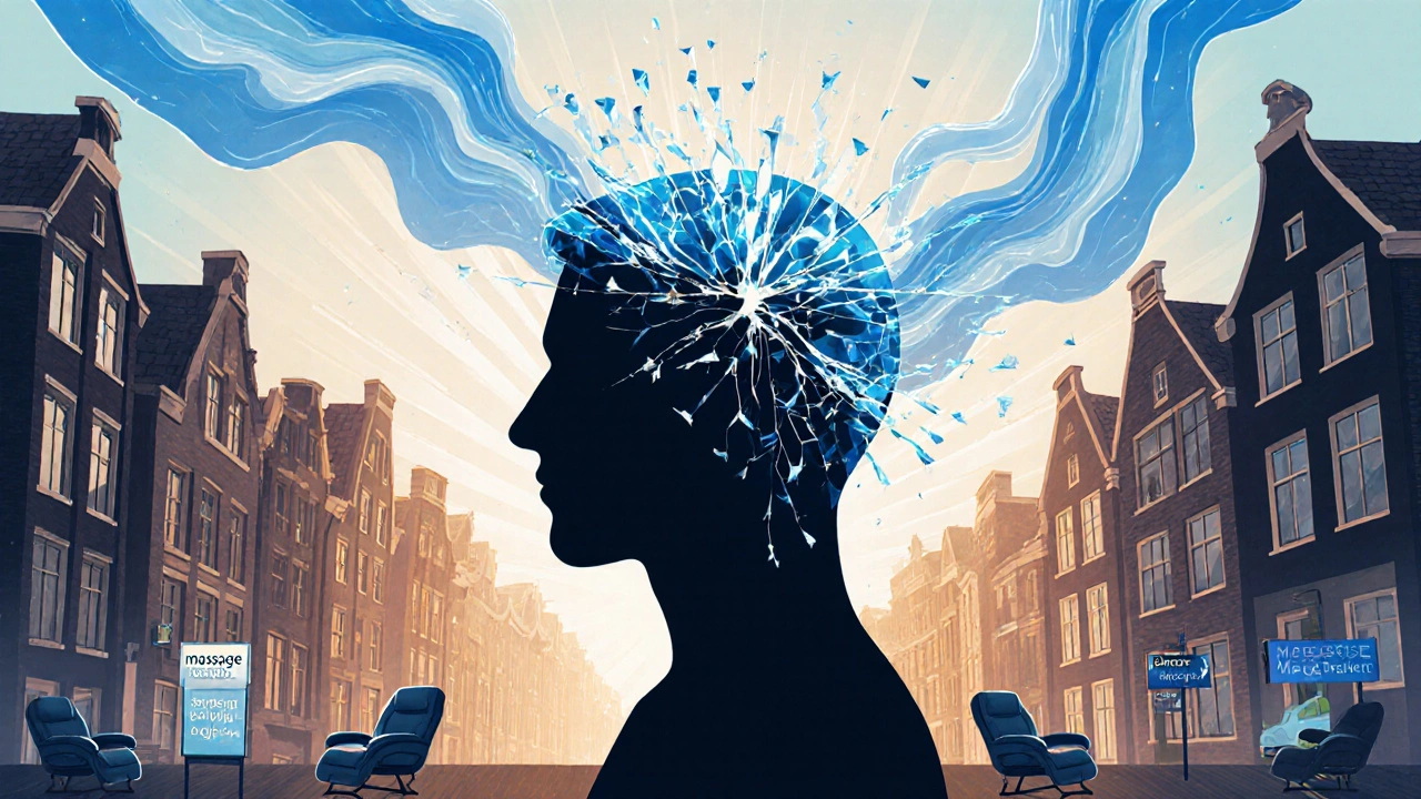 Silhouette releasing tension as calm light radiates through an Amsterdam cityscape.