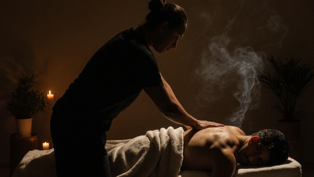 Silhouettes of therapist and client in a calm Tantra session, oil glistening, candlelight, incense smoke, towels covering bodies.
