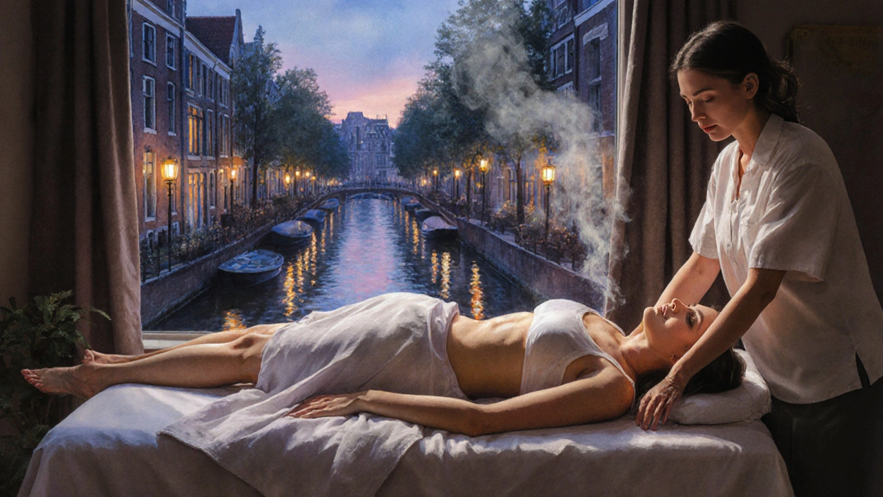 Soft watercolor scene of a massage session with warm light and canal reflections, capturing stillness and connection without showing faces.