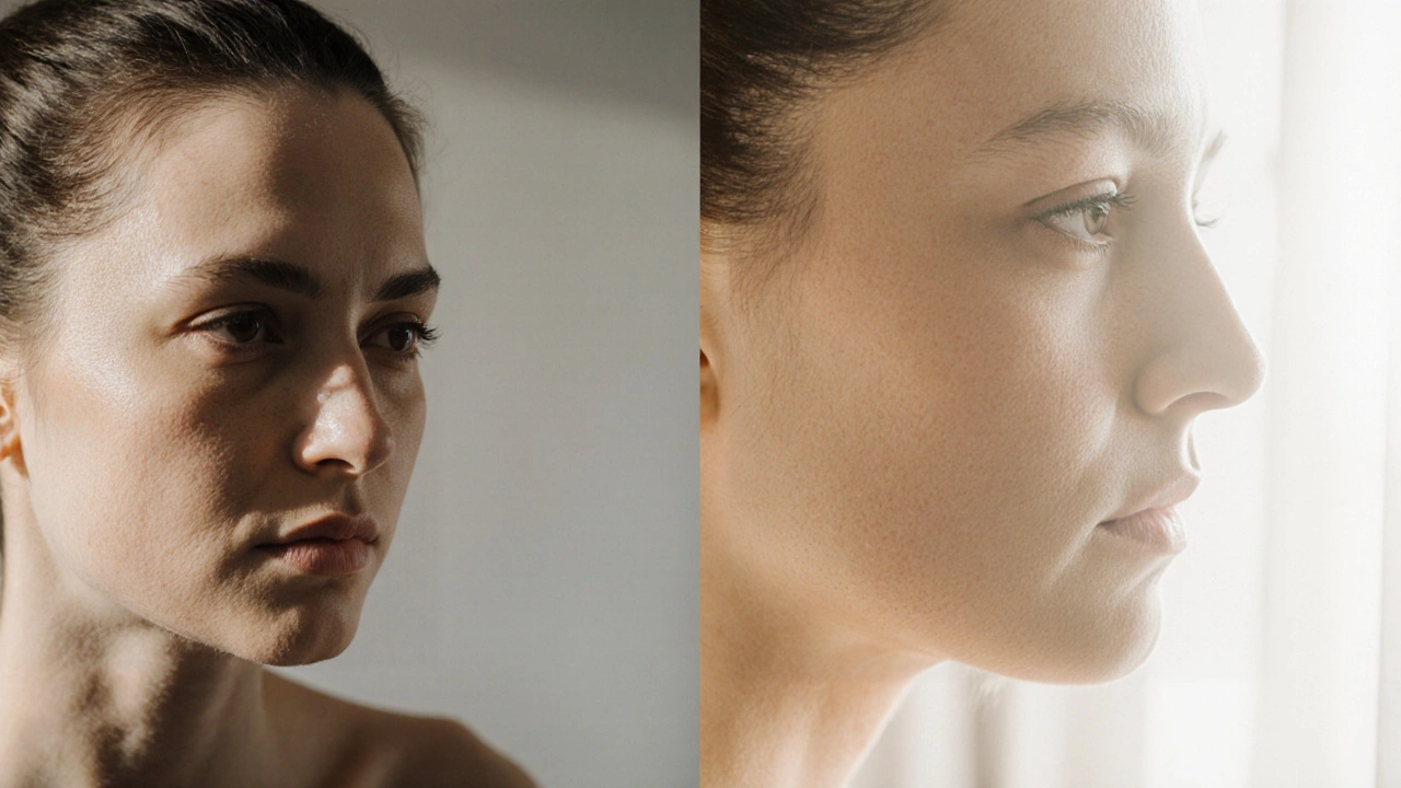 Split image of a woman&#039;s face showing reduction in puffiness and improved skin glow after lymphatic drainage massage.