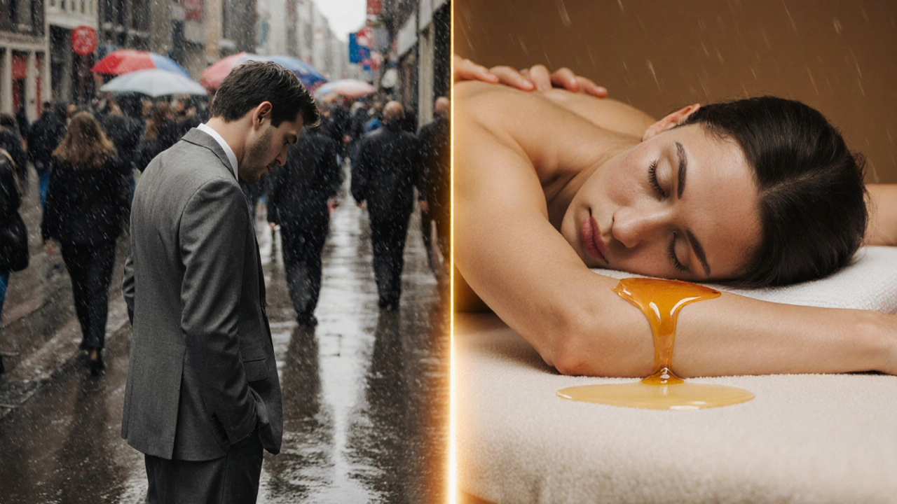 Split image: stressed person in rain vs. relaxed person on massage table, golden light dividing the two states of being.