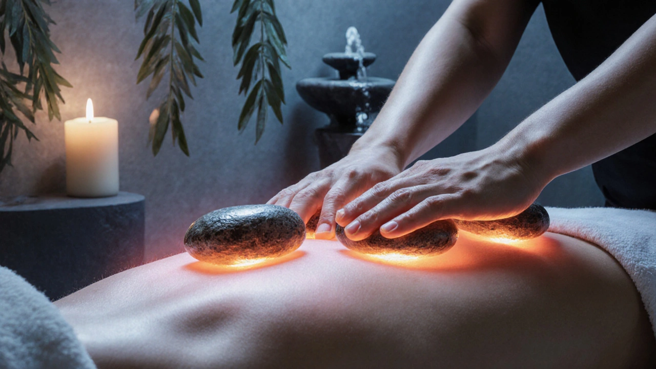 Therapist&#039;s hands gliding heated stones along a bare back, golden heat halos against cool tones, candlelight and eucalyptus in the background.