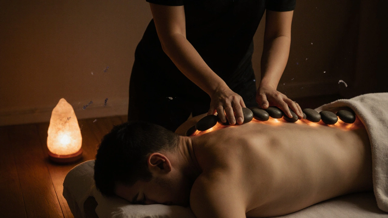 Therapist placing warm stones on a client&#039;s back in a calm, dimly lit massage room.