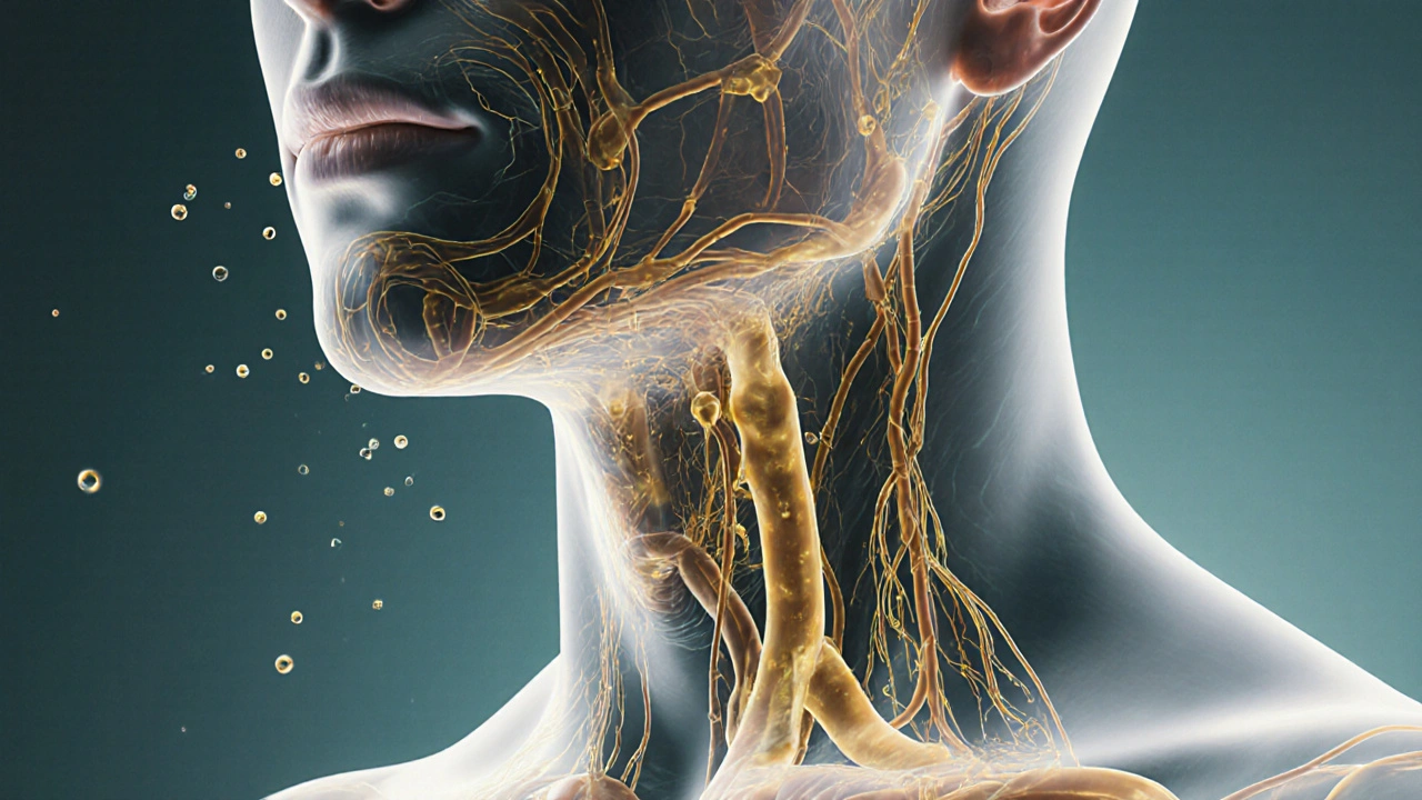Translucent glowing lymphatic vessels beneath facial skin, showing fluid flow toward lymph nodes with waste particles being cleared.