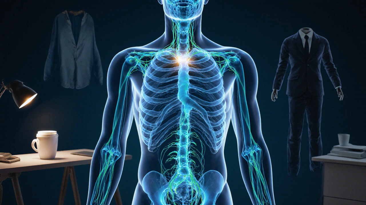 Translucent human torso with glowing blue lymphatic pathways flowing toward nodes at neck, armpits, and groin.