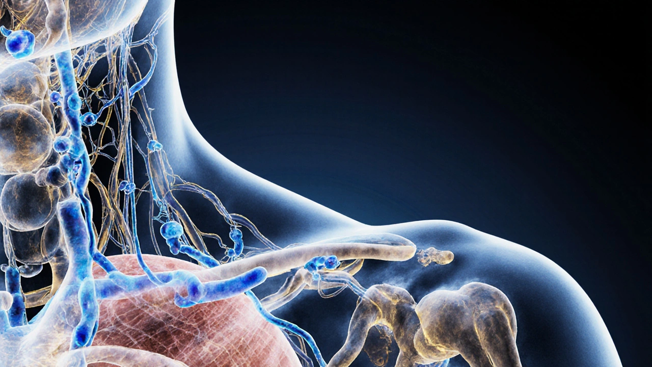 Translucent illustration of the lymphatic system with flowing fluid clearing post-surgical swelling near the collarbone.