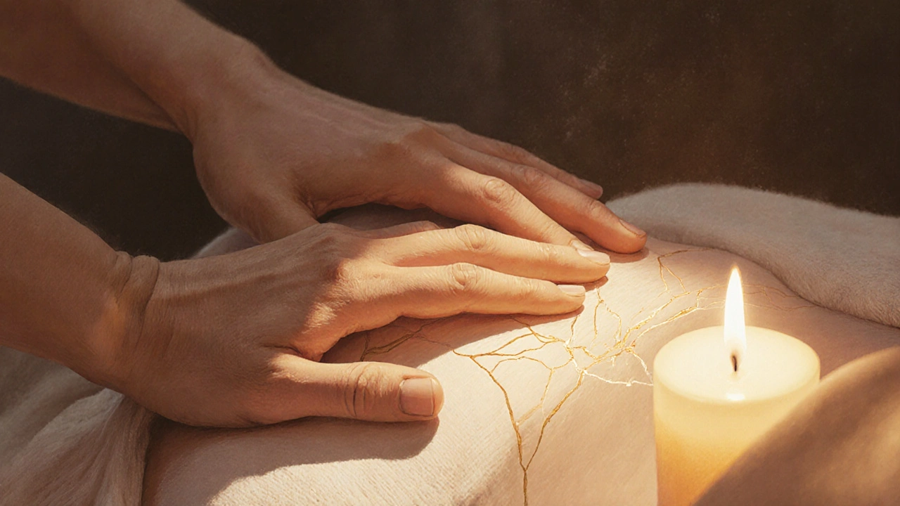 Two hands connected over the sacrum and navel, glowing with soft golden light symbolizing synchronized breath and energy.
