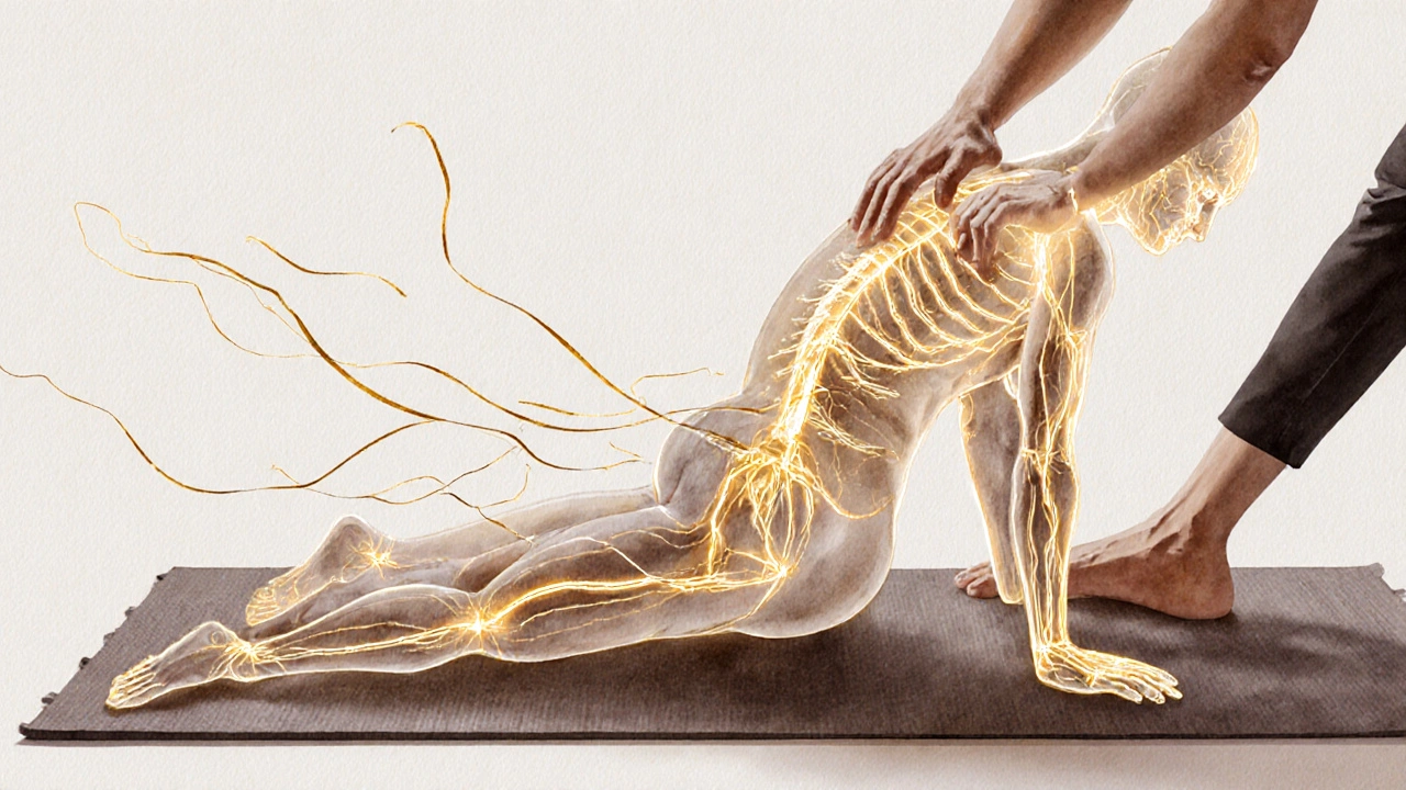 Watercolor illustration of glowing energy lines flowing through a body during Thai massage, hands and feet at work.
