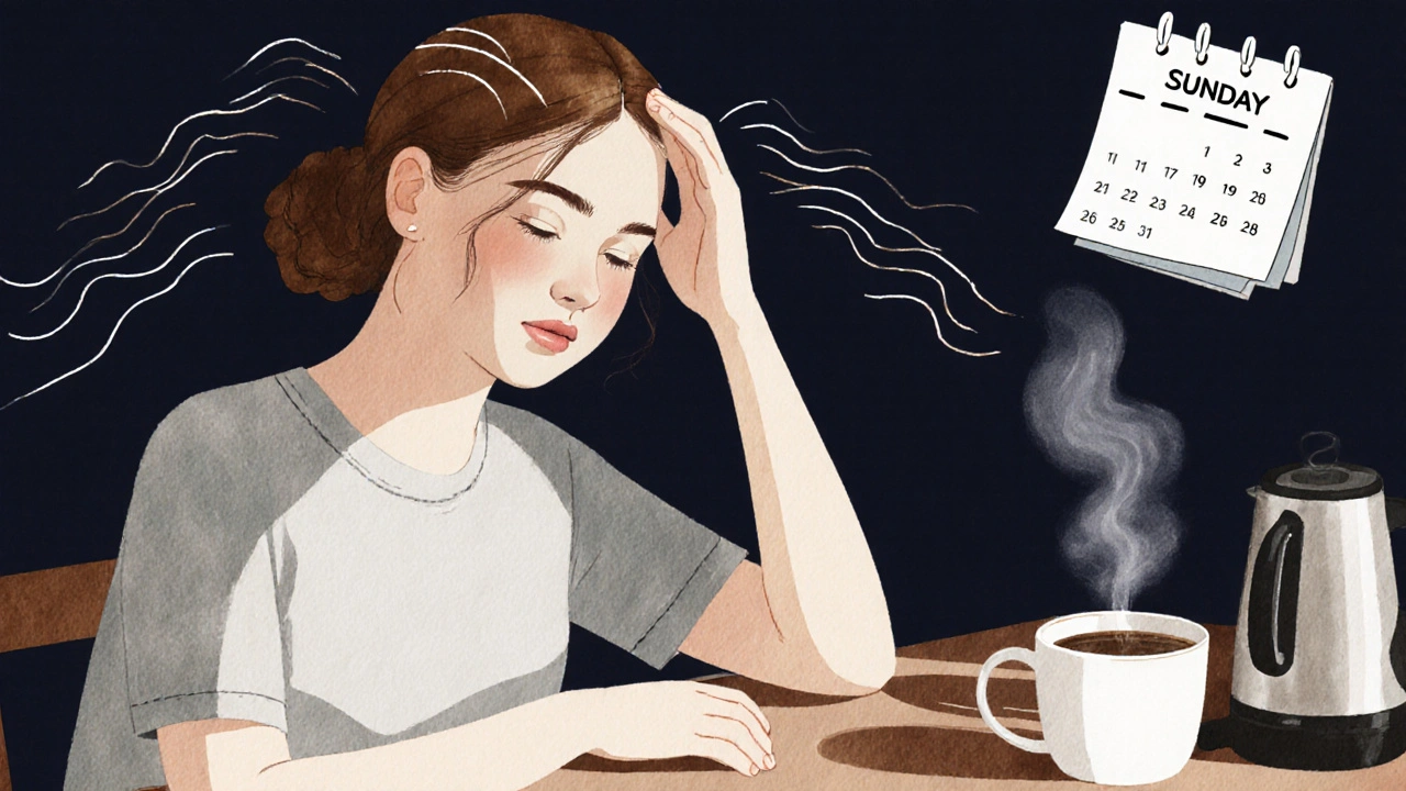 Woman doing a head massage at the kitchen counter while waiting for coffee in the morning.