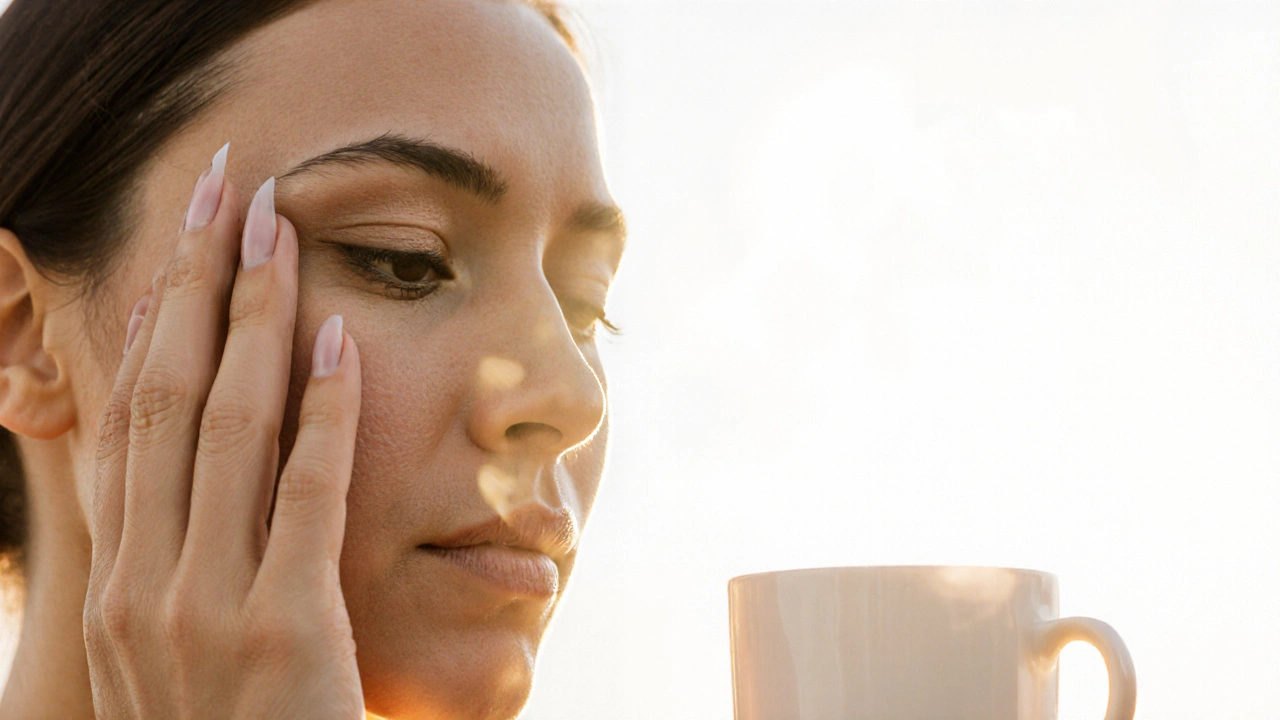 Woman doing self-lymphatic facial massage in morning light, eyes reduced in puffiness.