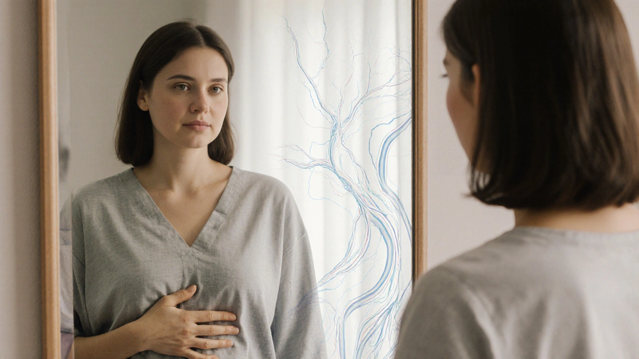 Woman looking in a mirror after surgery, visibly reduced swelling, with subtle lymphatic pathways fading in the background.