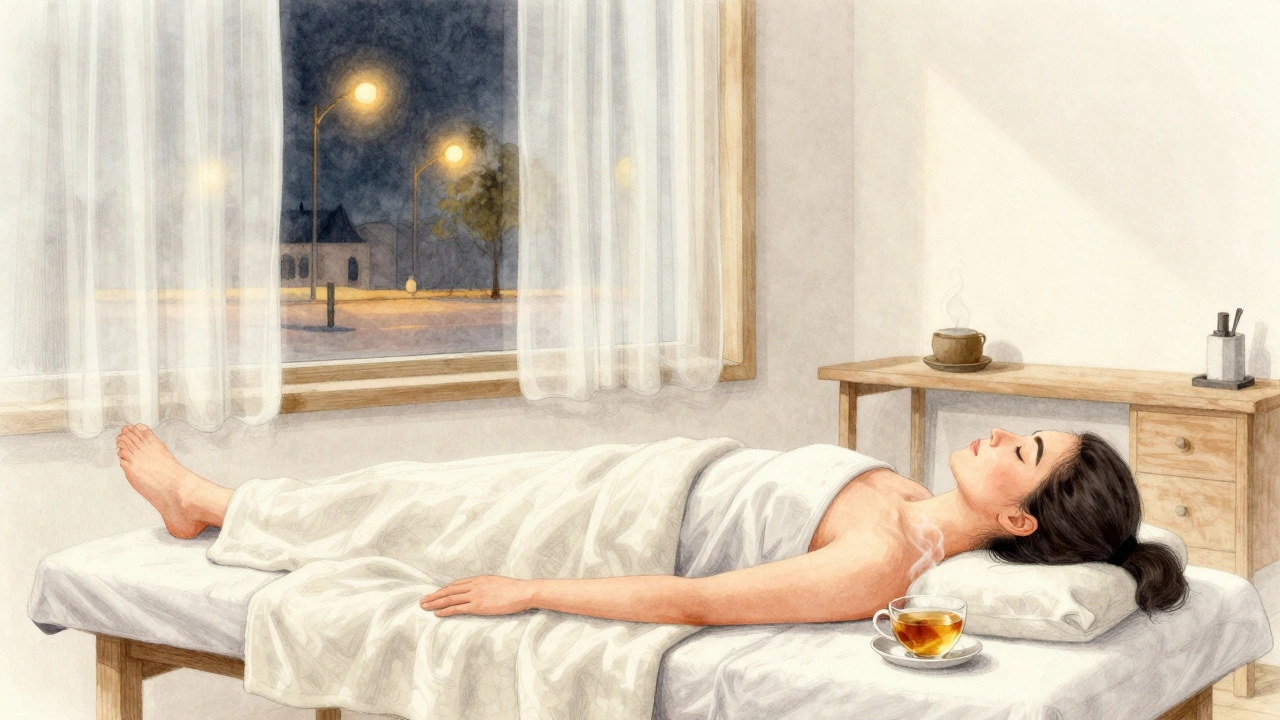 A client resting after a massage, sipping tea in a calm, softly lit studio.