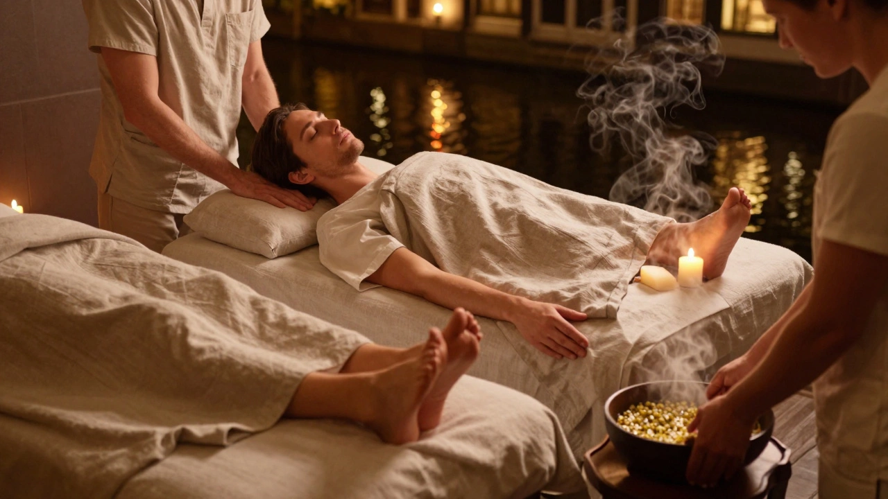 A couple receiving side-by-side Swedish massages in a candlelit room, both relaxed under linen sheets, with soft light reflecting off the floor.