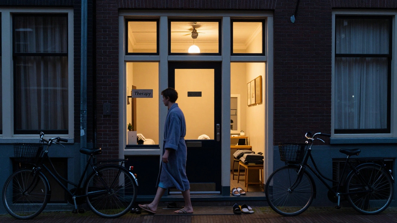 A cozy massage studio entrance in Amsterdam at dusk, with warm light spilling from the door and shoes left outside.