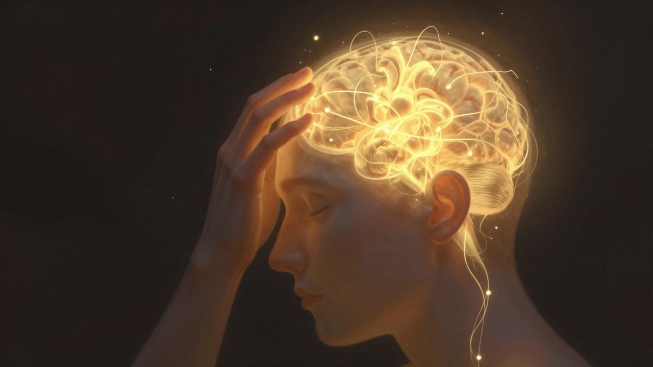 A glowing head with golden light radiating from scalp pressure points, symbolizing calm and renewal.