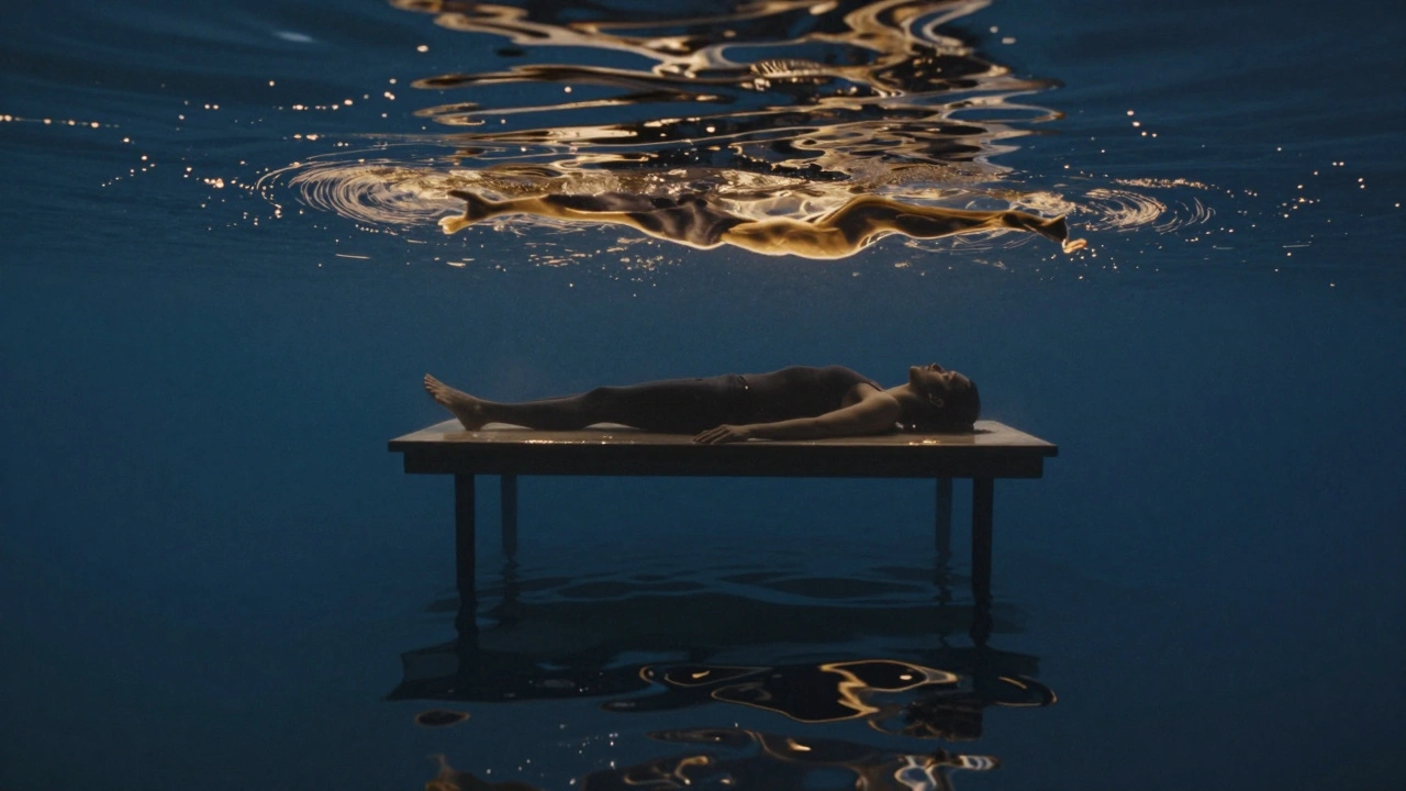 A human figure floats on a sea of gold light, being gently held by another silhouette amid dissolving shadows.