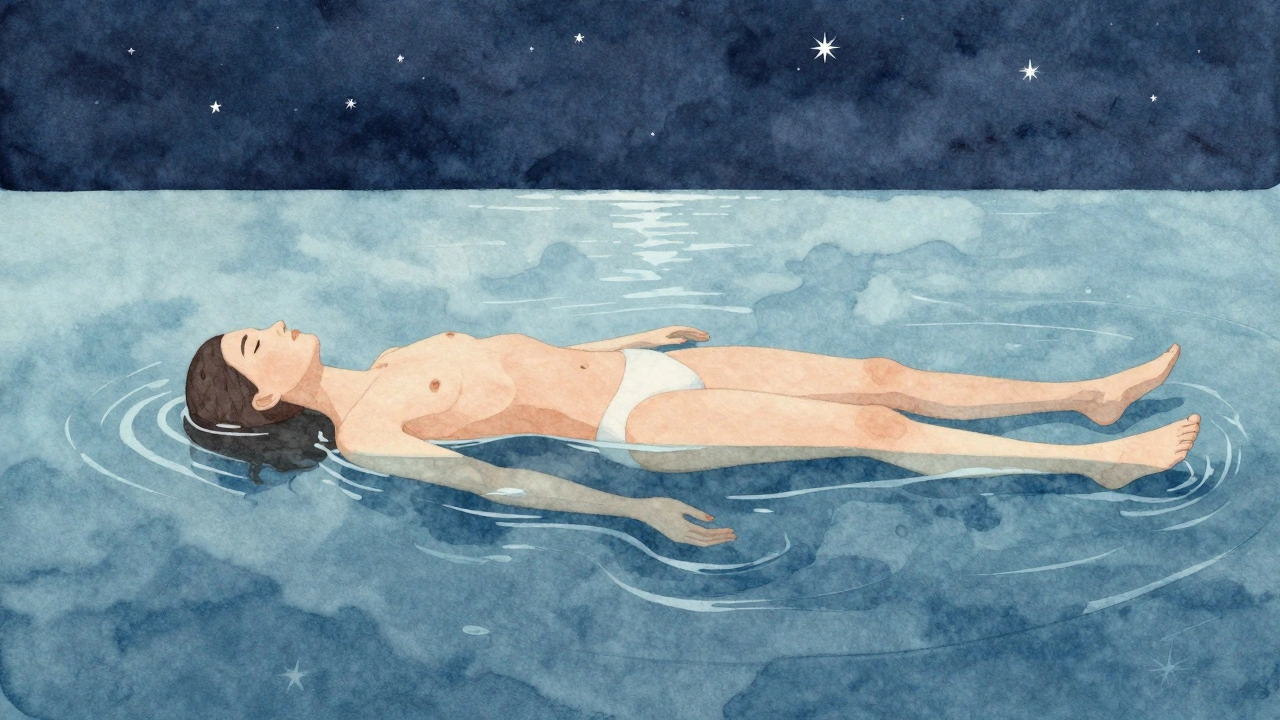 A person floats on a glowing ocean, their body harmonizing with the therapist's form, symbolizing deep relaxation and emotional release.