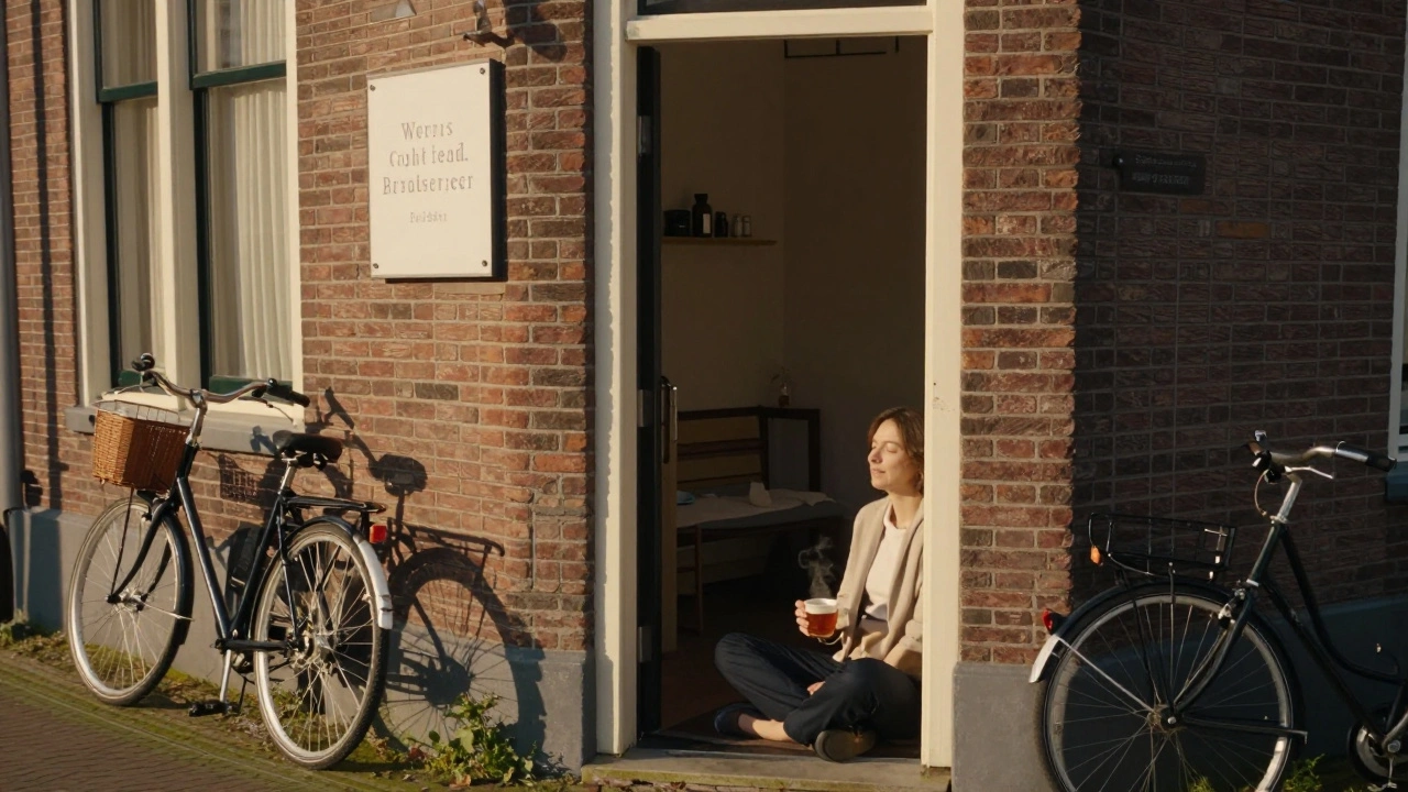 A person leaving a quiet Amsterdam wellness studio with herbal tea, relaxed and at peace.