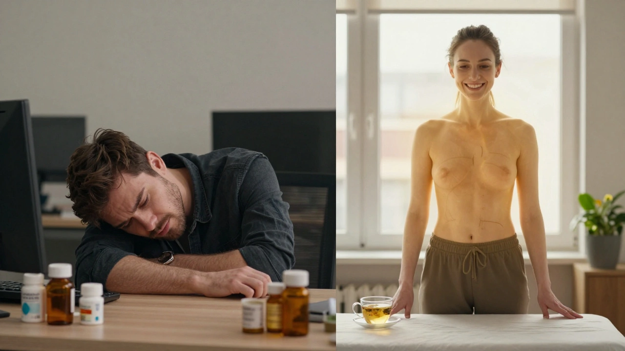 A person transformed from tired and sick to energized and healthy after Tuina therapy.