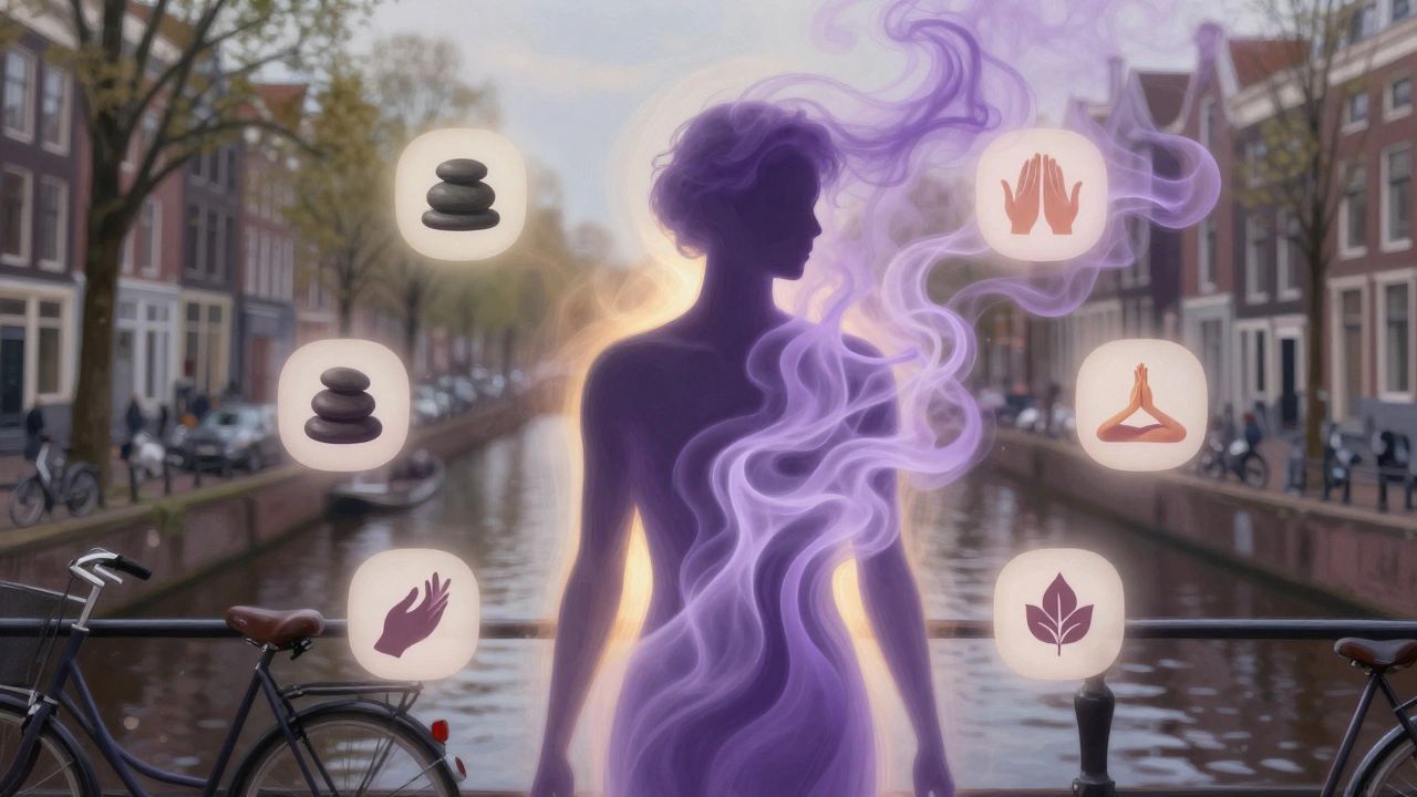 A silhouette dissolving into lavender smoke with icons of massage styles, set against Amsterdam’s canals.