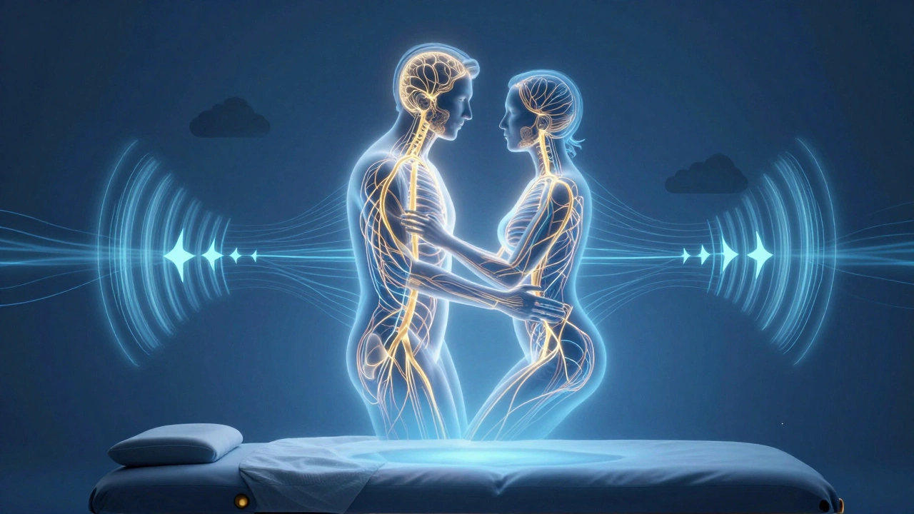 A surreal illustration of a glowing nervous system cradled by two human forms, symbolizing deep relaxation and neural calm.
