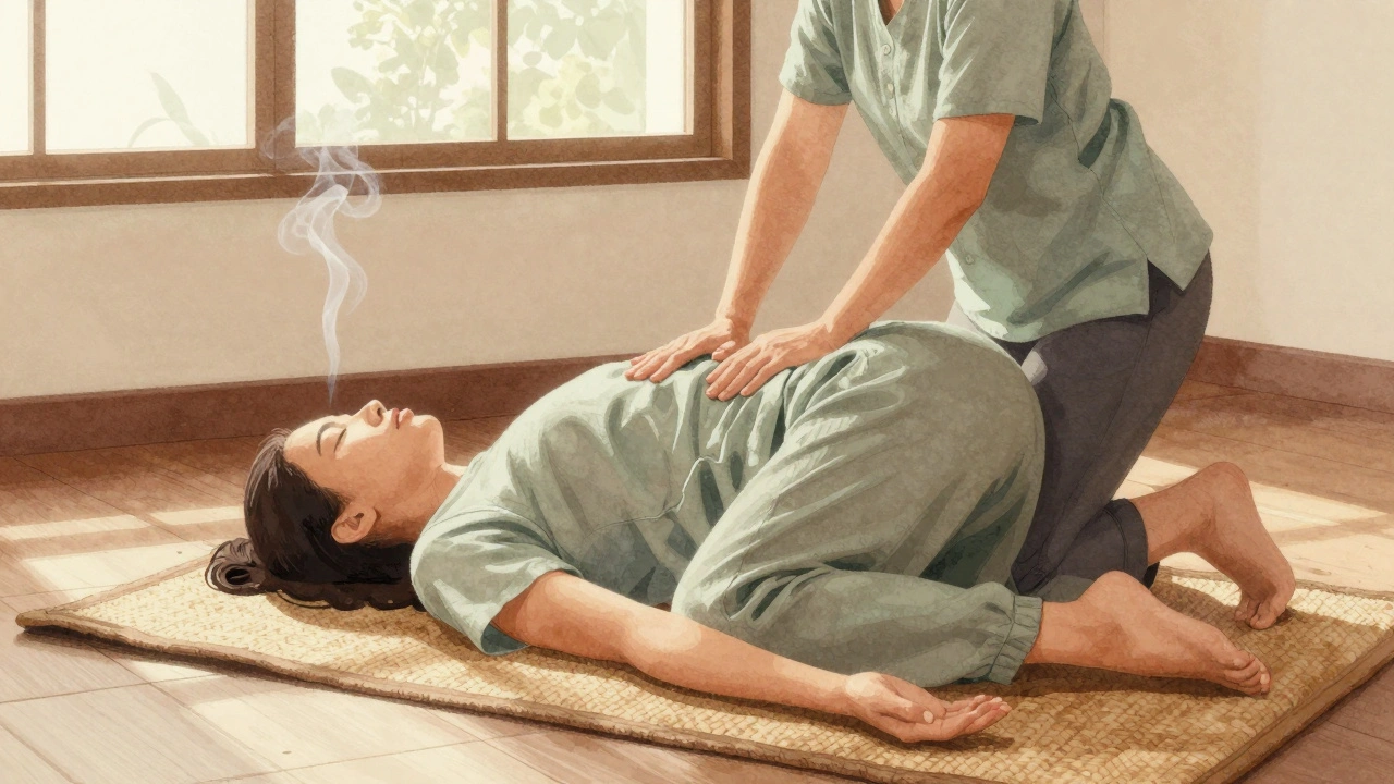 A Thai massage session on a wooden floor, therapist guiding a client through a stretch in loose clothing, incense smoke rising softly.