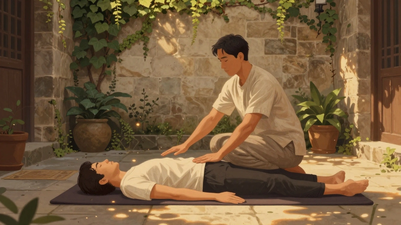 A Thai massage therapist gently stretching a client in a sunlit courtyard.
