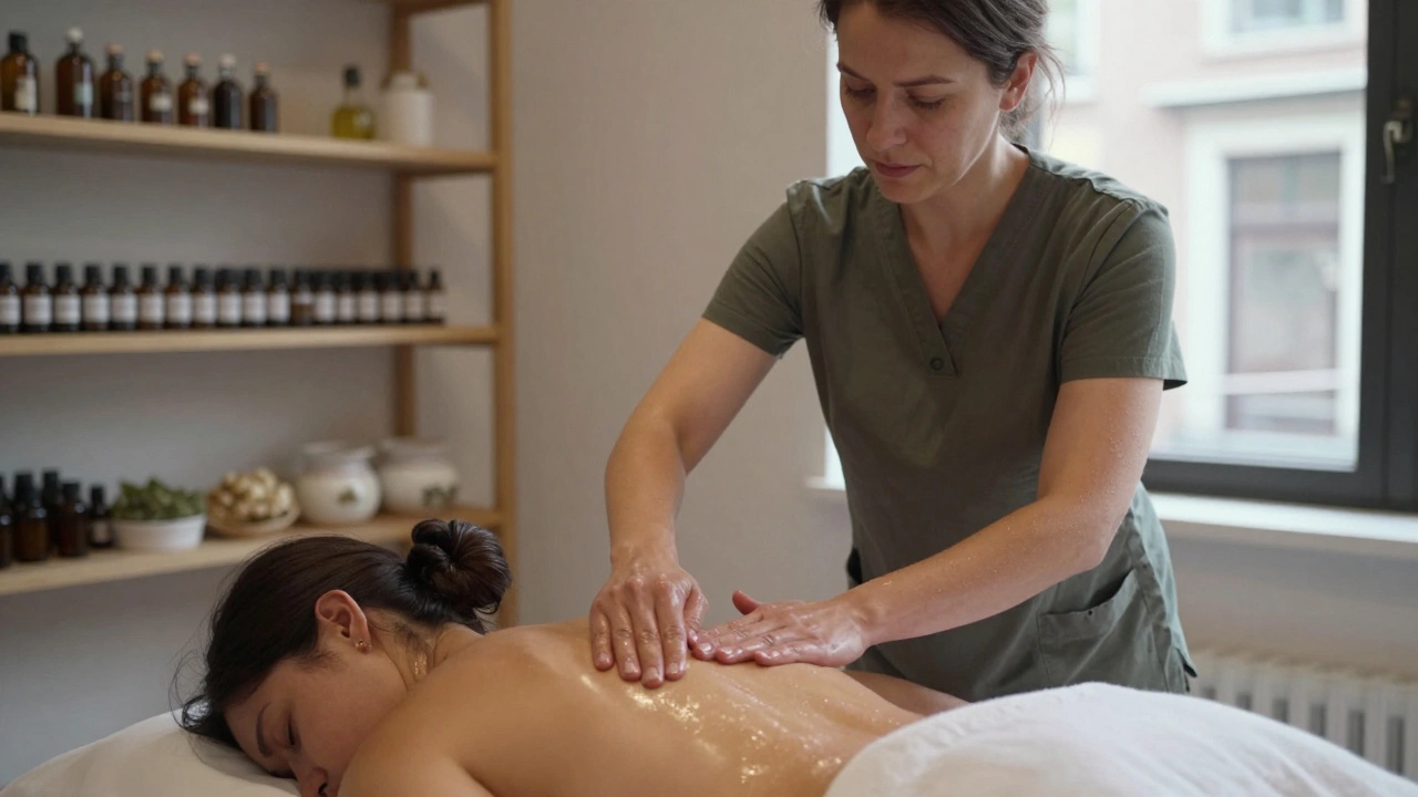 A therapist applying deep tissue massage with warm oil in a quiet, sunlit room.