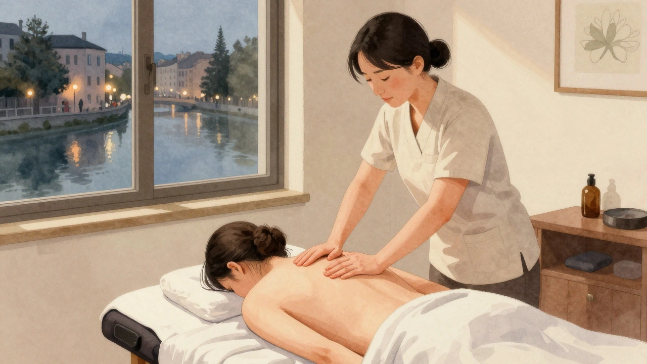 A therapist giving a deep tissue massage to a client in a calm, minimalist room with canal views.