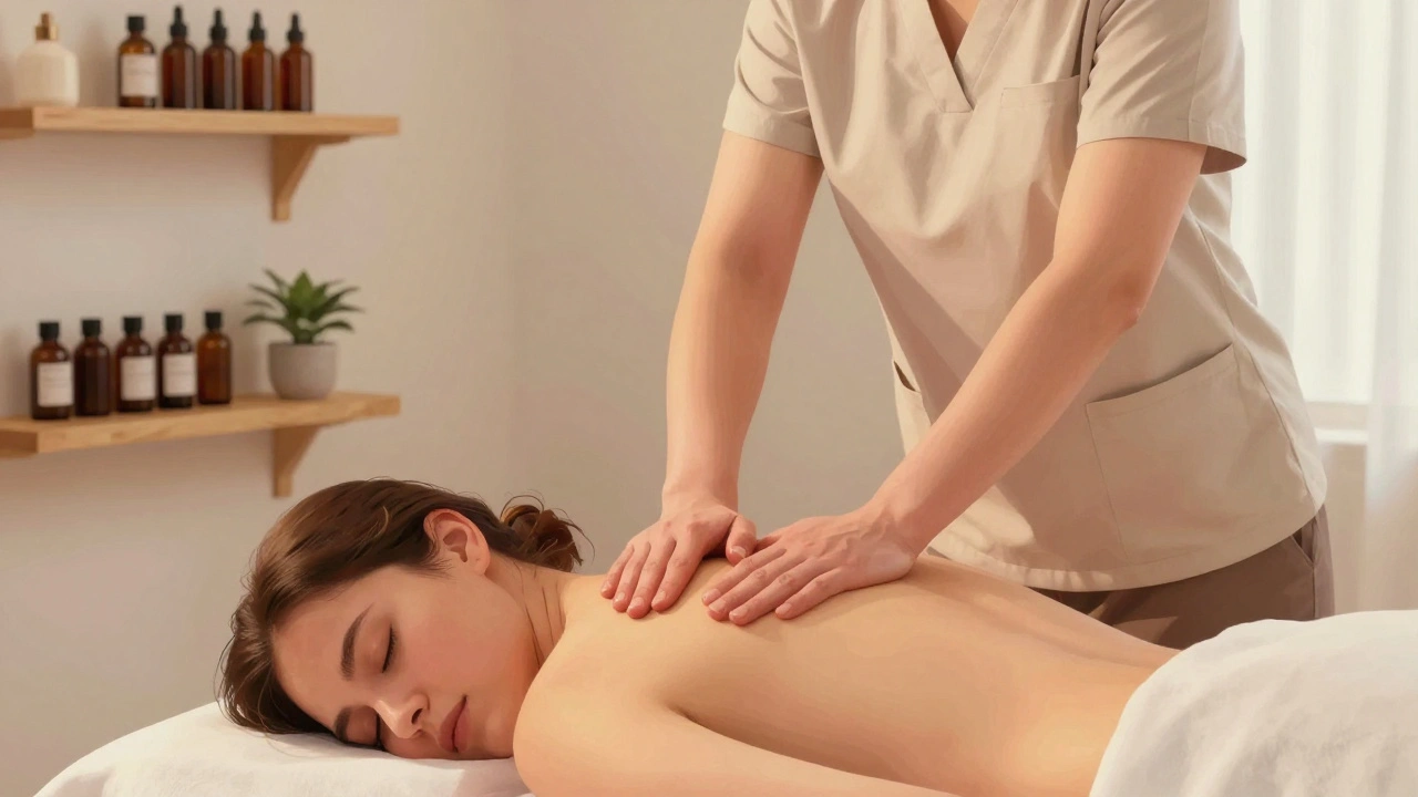 A therapist working on a client’s back during a deep tissue massage, in a quiet, minimalist studio.