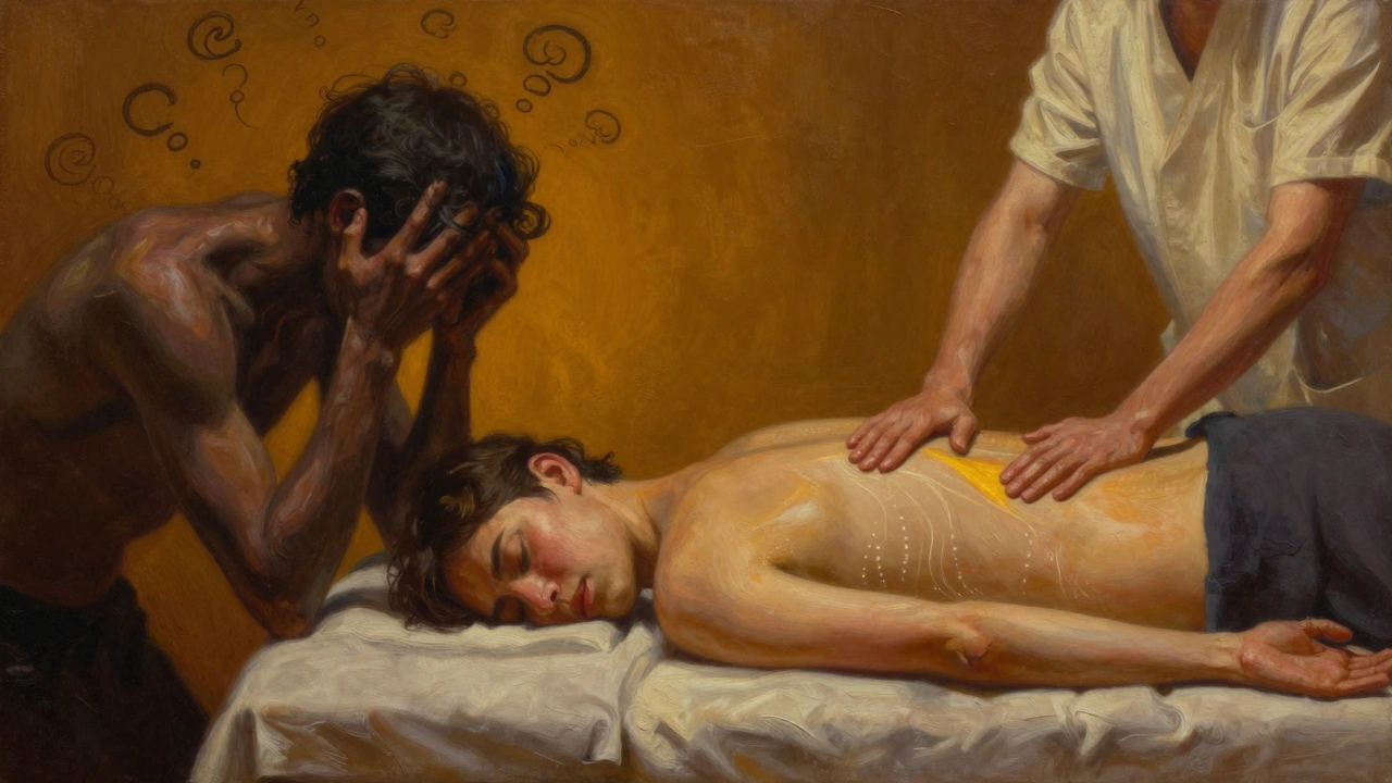 A visual contrast showing a stressed figure transforming into peace through therapeutic touch in a warm, serene environment.