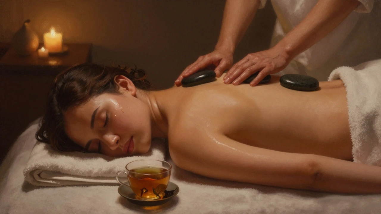 A woman after a hot stone massage, tears on her cheek, warm stones on her back, candlelight casting a peaceful glow in a quiet room.