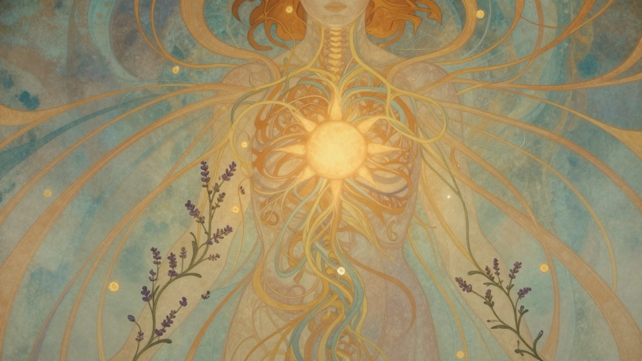 Abstract human form with calming colors and herbal vines symbolizing stress relief.