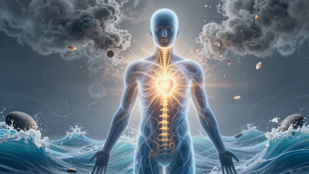 An abstract figure glowing with calming energy as stress transforms into petals, symbolizing mind-body healing.