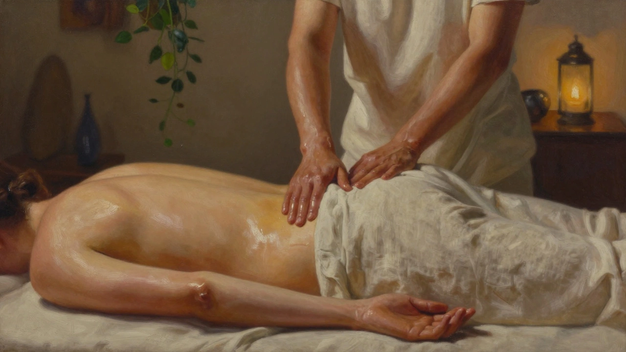 An artistic depiction of two bodies in gentle contact during a body-to-body massage, draped in linen, surrounded by soft studio ambiance.