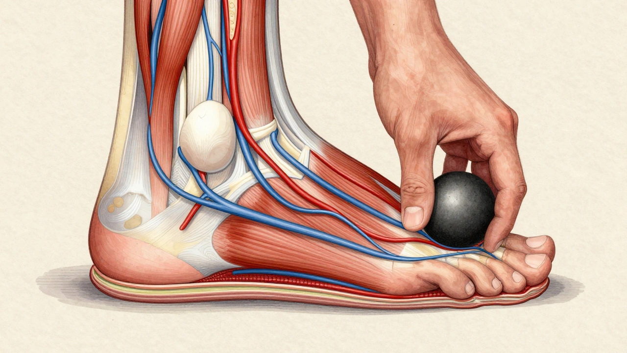 Anatomical illustration showing blood flow and fascia release in an athlete's foot.