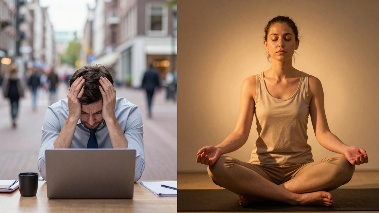 Before and after contrast: stressed commuter transformed into calm, relaxed person after Thai massage.