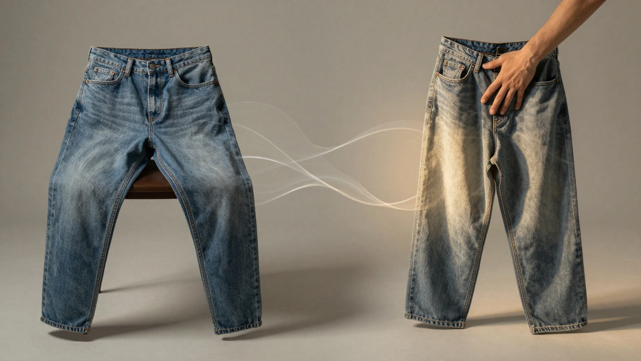 Before and after depiction of denim shorts showing reduced cellulite appearance through gentle bodywork.