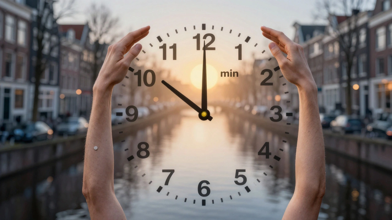 Clock with arms as human limbs symbolizing weekly massage as essential body maintenance.