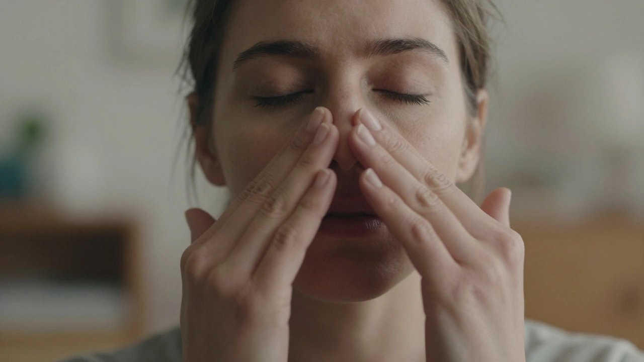 Close-up of hands practicing alternate nostril breathing in a quiet indoor setting.