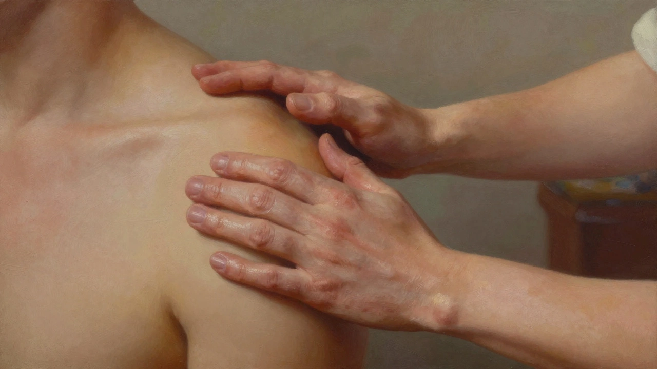 Close-up of therapist&#039;s hand gently resting on client&#039;s hip, skin glowing with oil under soft ambient light.