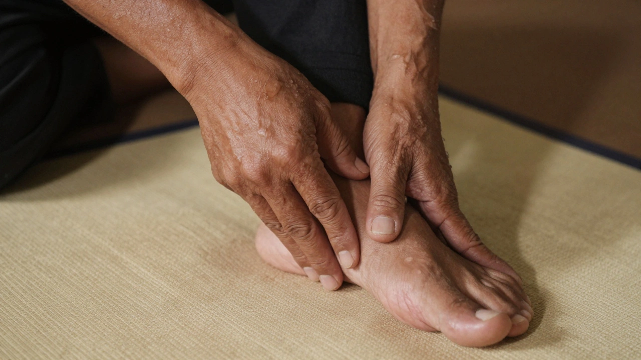 Close-up of therapist&#039;s hands applying pressure to a client&#039;s foot during authentic Thai massage on a cotton mat.