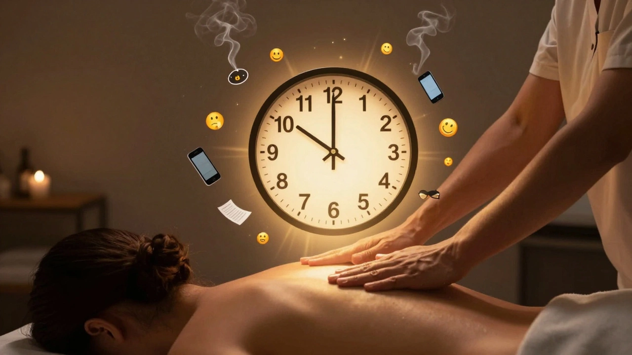 Floating frozen clock above a back during massage, with stress objects dissolving into smoke, warm ambient light.