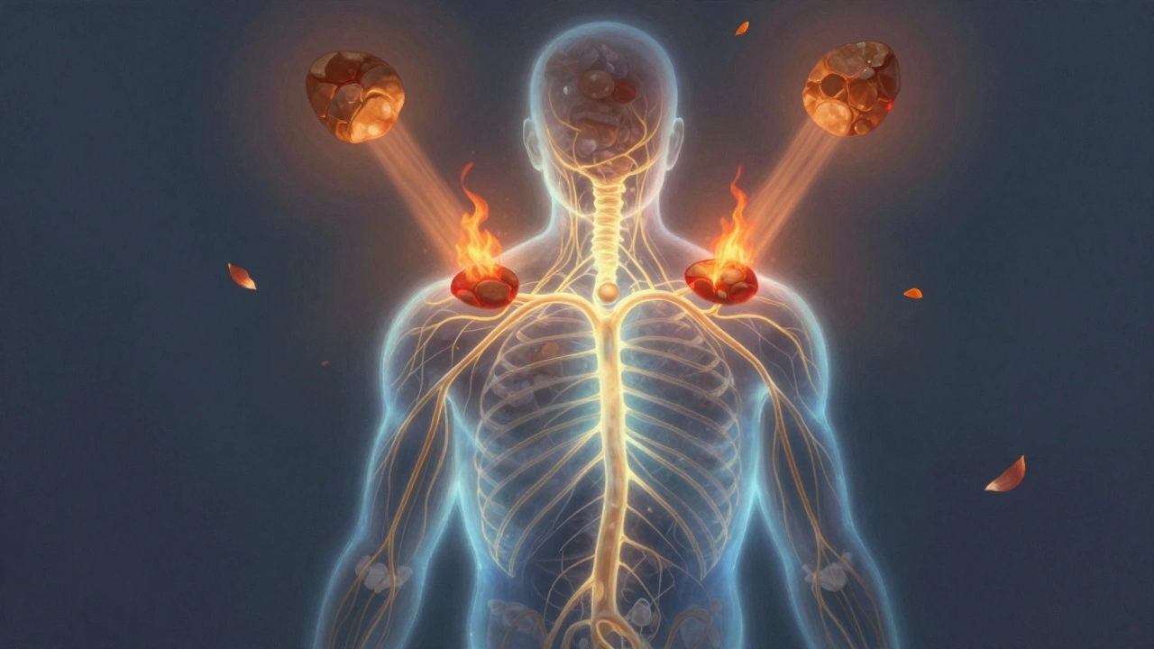 Glowing nervous system calming under warm stone energy, symbolizing stress relief and restoration.